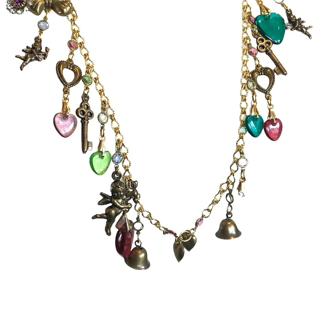VINTAGE CHARM NECKLACE WITH CUPIDS, HEARTS , BELLS, KEYS & FLOWERS - Picture 7 of 16